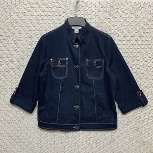 TANJAY Jacket‎ Blazer Womens Sz 8 Dark Blue Denim Casual Stretchy SILVER Button